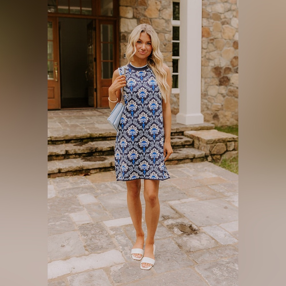 053 JODIFL CHIC STATEMENT FLORAL KNIT MINI DRESS IN NAVY